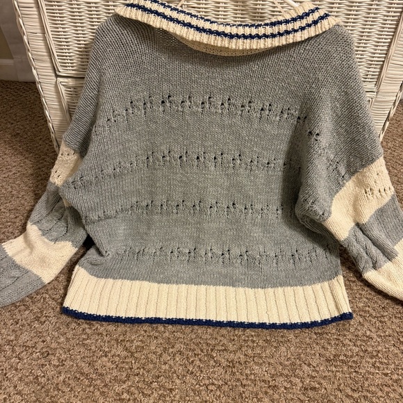 Free People V-Neck Sz Small Pembrook Striped Cable Knit Sweater Preppy Cotton - Picture 3 of 8